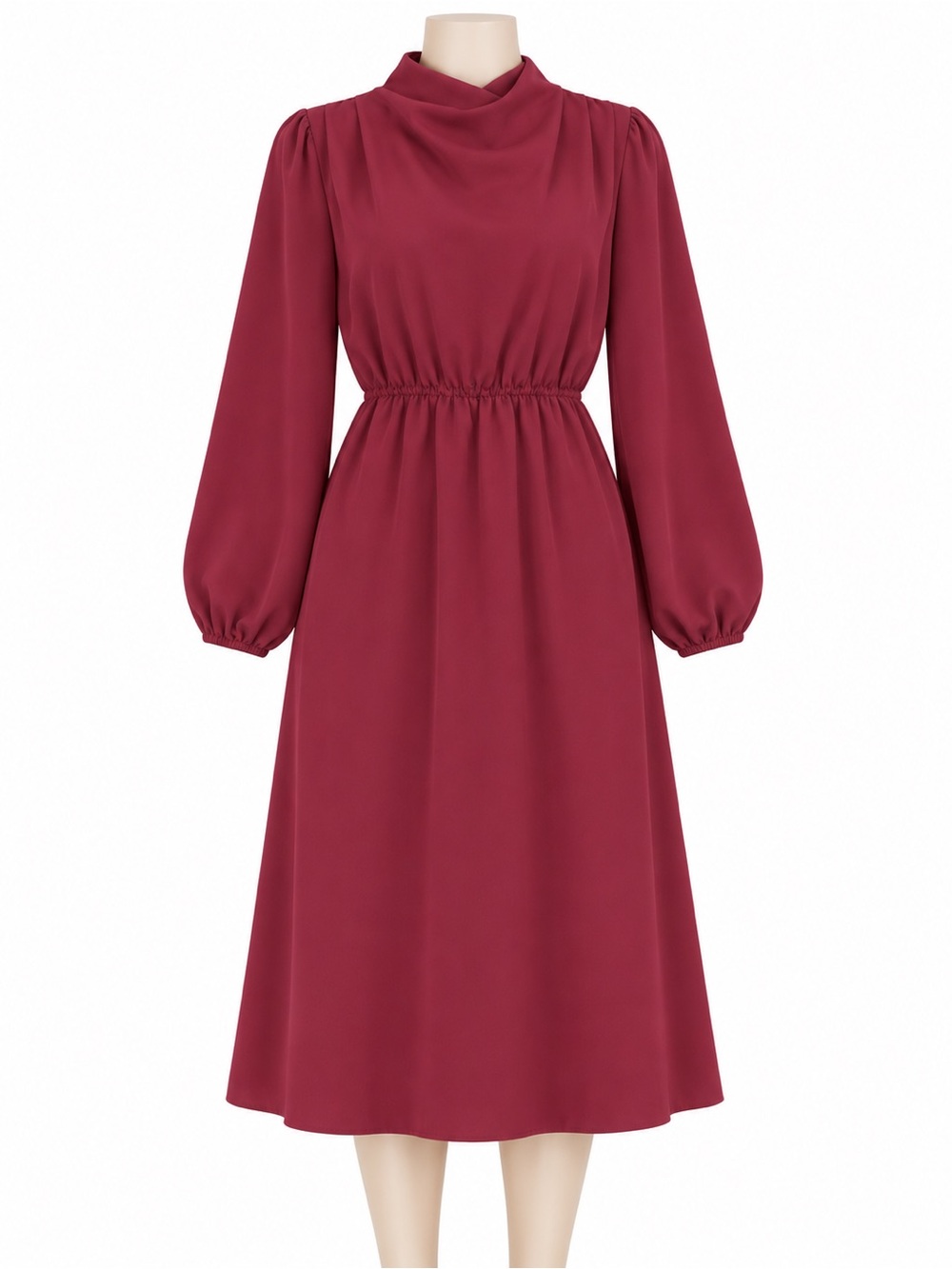 SHEIN Burgundy Draped Ruffle Midi Dress Long Sleeve M